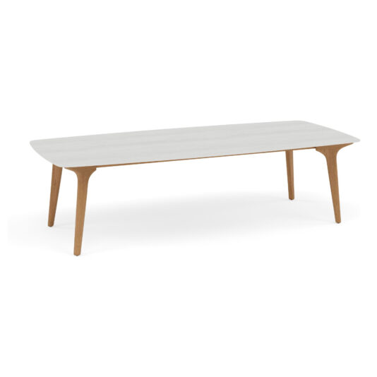 Large Outdoor Teak Modern Dining Set This modern rectangular table, featuring a sleek white tabletop and four wooden legs, is designed in a minimalist style to seamlessly complement your Large Outdoor Teak Modern Dining Set.