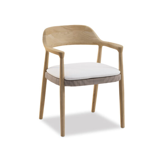 Large Outdoor Teak Modern Dining Set Introducing the Large Outdoor Teak Modern Dining Set, featuring a stylish wooden chair with a curved backrest and armrests, inspired by contemporary dining aesthetics. The chair boasts a light teak finish, a cushioned seat with a white fabric cover, and its minimalist design makes it suitable for various interior settings.