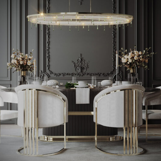 Modern Art Deco Style Curved Dining Chair Plus A luxurious dining room featuring an elegant oval chandelier above a dark wood dining table set with white tableware. The Modern Art Deco Style Curved Dining Chair Plus, featuring gold metal frames and light upholstery, adds a sophisticated touch. The room also boasts ornate gray wall moldings and vases filled with beautiful floral arrangements.