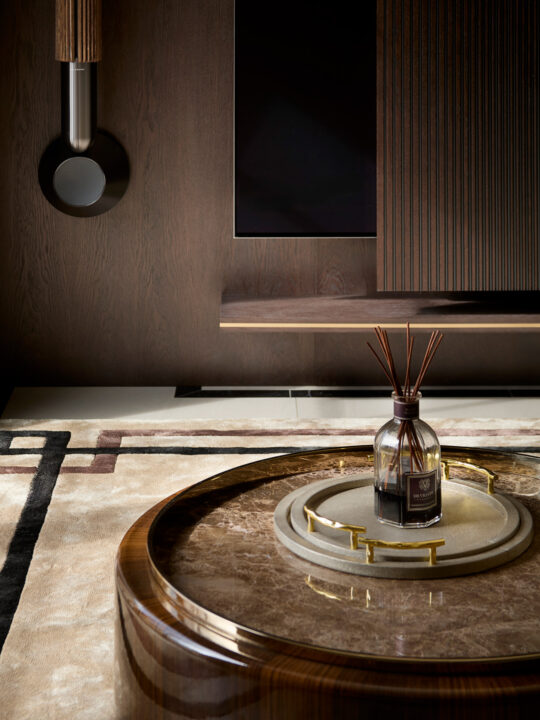 A modern living room setting captures the design stage with a circular wood and marble coffee table. An aroma diffuser with wooden reeds sits on the table, set against a backdrop of wood-paneled walls and a mounted light fixture. The area rug boasts a geometric design.