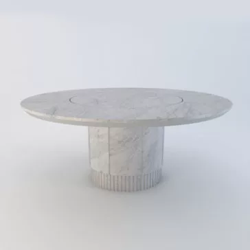 Exclusive Round Marble Dining Table The Exclusive Round Marble Dining Table is crafted from white marble with elegant grey veining and features a thick, cylindrical base. Its smooth surface and minimalist design make it a standout piece against any plain backdrop.