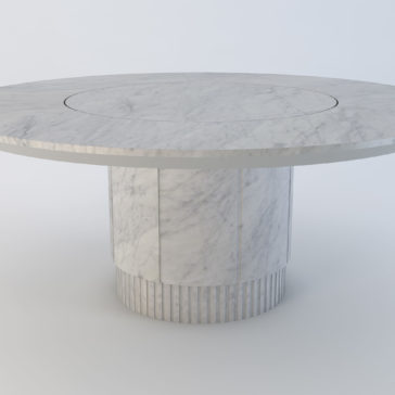 Exclusive Round Marble Dining Table The Exclusive Round Marble Dining Table boasts a thick, cylindrical pedestal base and a smooth, white marble surface with subtle veining. Its elegant and modern design is highlighted against a plain white background.