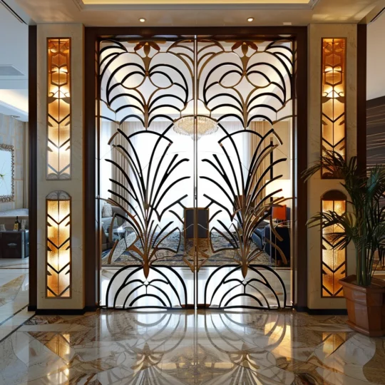 A luxurious art deco hallway with floor-to-ceiling room dividers and ornate golden doors featuring intricate geometric patterns. The polished floor reflects the elegant design. Soft lighting adds warmth, offering glimpses of a sophisticated lounge area beyond the doors.