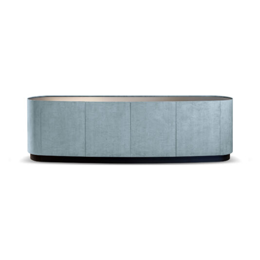 Blue Slate Effect Four Door Buffet The Blue Slate Effect Four Door Buffet boasts a sleek, modern design with a smooth light blue finish and a rectangular shape featuring rounded corners. This elegant cabinet is set on a slim black base and showcases seamless, handle-free doors for an ultra-minimalist aesthetic.