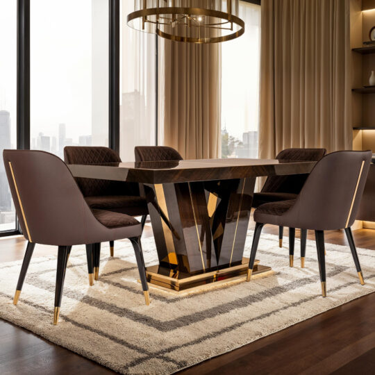A modern dining room features the Exclusive Abstract Rectangular Designer Dining Table with a geometric base and gold accents, surrounded by five cushioned chairs with sleek legs. Large windows, beige curtains, and a soft striped area rug complement the dark wood floor.