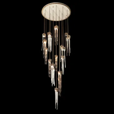 Contemporary Chain And Glass Stairwell Chandelier The Contemporary Chain And Glass Stairwell Chandelier offers a luxurious, modern aesthetic with its elongated, vertical light fixtures that gracefully cascade from a circular base. Resembling icicles or teardrops, this stunning chandelier creates an elegant and sophisticated ambiance.