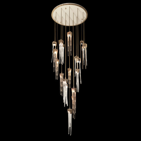 The Contemporary Chain And Glass Stairwell Chandelier offers a luxurious, modern aesthetic with its elongated, vertical light fixtures that gracefully cascade from a circular base. Resembling icicles or teardrops, this stunning chandelier creates an elegant and sophisticated ambiance.