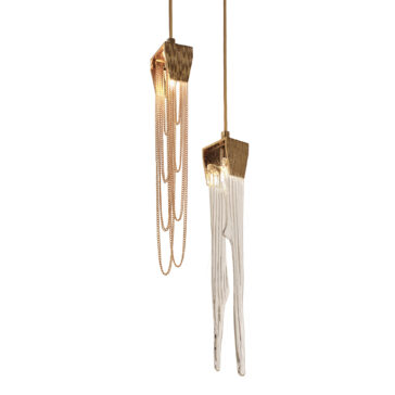 Contemporary Chain And Glass Stairwell Chandelier The Contemporary Chain and Glass Stairwell Chandelier is a pair of unique pendant lights with gold-tone fixtures and artistic designs. One light features cascading chains, while the other showcases flowing, transparent icicle-like elements, both suspended from slender cords. Emitting a soft, warm glow, these contemporary pieces bring elegance to any stairwell or space.