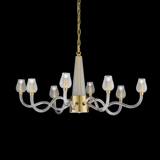 The Contemporary Satin Glass Chandelier features a sophisticated gold central fixture with eight gracefully curved arms, each holding a candle-like light adorned with an elegant satin glass shade. It is suspended by a gold chain against a striking black background.