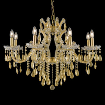 Gold Leaf Glass Chandelier The Gold Leaf Glass Chandelier, adorned with eight candle-like light bulbs and elaborate crystal decorations, gracefully hangs against a black background. Featuring intricate scrollwork and a stunning array of teardrop-shaped crystal pendants, this luxurious piece exudes elegance.