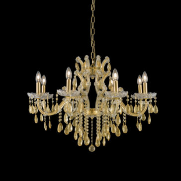 Gold Leaf Glass Chandelier The Gold Leaf Glass Chandelier is an opulent fixture with a radiant gold frame embellished with hanging teardrop-shaped crystal ornaments and beads. It features eight candle-style light fixtures, each topped with a small bulb, all elegantly suspended by a chain.