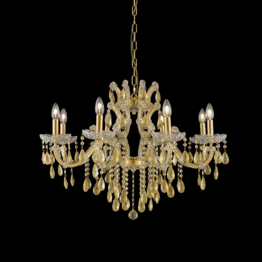 Gold Leaf Glass Chandelier The Gold Leaf Glass Chandelier is an opulent fixture with a radiant gold frame embellished with hanging teardrop-shaped crystal ornaments and beads. It features eight candle-style light fixtures, each topped with a small bulb, all elegantly suspended by a chain.