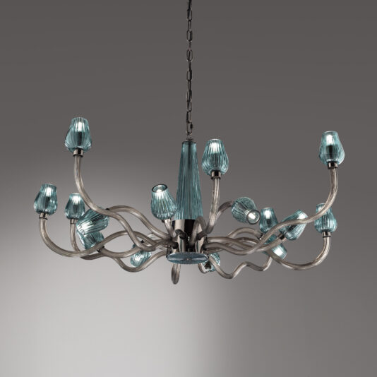 The Large Contemporary Teal Glass Chandelier boasts a metallic frame with multiple curved, wavy arms that each hold a teal, cone-shaped light cover. This elegant chandelier is suspended by a chain against a plain gray background.