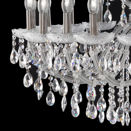 Close-up of a portion of the Satin Glass Classic Style Chandelier featuring several lit candle-shaped bulbs and intricately dangling clear crystal prisms, set against a black background. The crystals catch and reflect light, creating a sparkling effect reminiscent of satin glass.