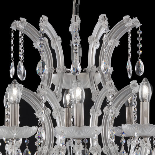A close-up of the Satin Glass Classic Style Chandelier against a black background. The chandelier boasts multiple curved arms adorned with hanging crystal prisms, satin glass elements, and clear light bulbs, creating an elegant and sparkling display.