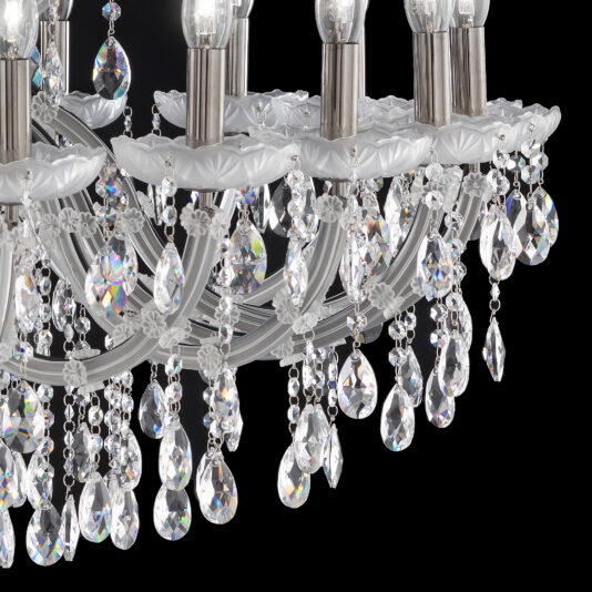 A close-up of the Satin Glass Classic Style Chandelier showcases its elegance with multiple arms adorned by hanging, teardrop-shaped crystal pendants. The sparkling crystals beautifully reflect light, creating colorful sparkles. Enhanced by satin glass elements, the chandelier's brilliance stands out strikingly against the black background.
