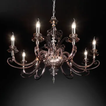 Smoked Glass 8 Arm Chandelier The Smoked Glass 8 Arm Chandelier, with its seven illuminated bulbs and sophisticated design featuring curved glass arms and intricate details, hangs elegantly against a dark background, casting a warm, inviting glow.