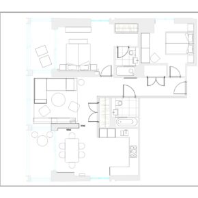A black and white floor plan of a luxury apartment with various rooms, including a living room, kitchen, dining area, bathroom, and two bedrooms. The layout shows the placement of furniture, doors, and windows.