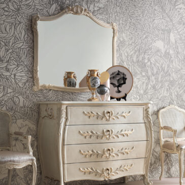 Classic Rococo Style Overmantel Mirror A vintage vanity dresser with ornate carvings holds two decorative vases, a framed artwork, and a small keepsake. Above the dresser, a Classic Rococo Style Overmantel Mirror with an intricate frame is mounted. Two elegant chairs with upholstered seats are positioned on either side against detailed floral wallpaper.