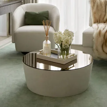 round drum coffee table with leather and glass bronze top