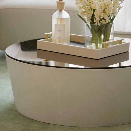 Contemporary Glass Round Coffee Table round drum coffee table with leather and bronze mirror top