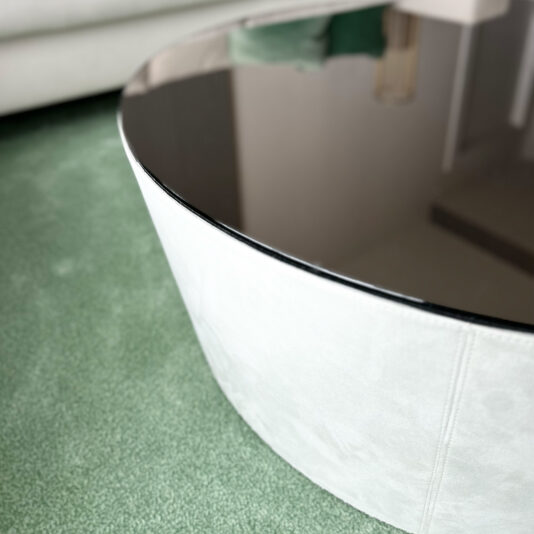 Contemporary Glass Round Coffee Table top view of a leather drum luxury coffee table
