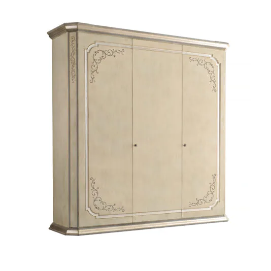 Large Classic Style Wardrobe The Large Classic Style Wardrobe is an elegant wooden piece with a light beige finish and intricate detailing on the edges. This sophisticated wardrobe features three doors, each adorned with a small round handle, and ornamental designs near the top corners. Its overall design is both timeless and refined.