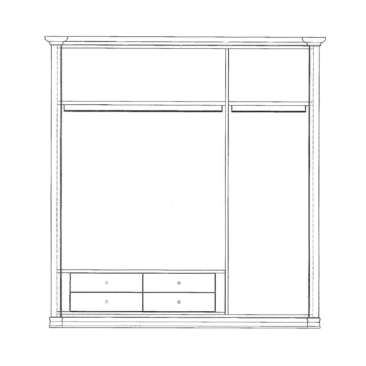 Large Classic Style Wardrobe The Large Classic Style Wardrobe features an illustrated line drawing showcasing a spacious section on the left with a hanging rod, and a narrower section on the right equipped with a shorter hanging rod. Additionally, the bottom left corner includes four drawers stacked in pairs, complemented by shelf space above both rods.