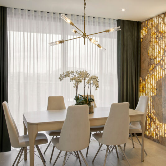 Mid-Century Modern Chandelier luxury dining room with luxury dining table and chairs, bespoke feature wall and modern mid century chandelier