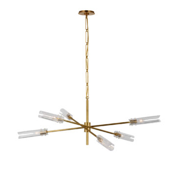 The Mid-Century Modern Chandelier features a gold metal frame with a central vertical rod. It has six horizontal arms extending outwards, each adorned with clear glass cylindrical light covers. The chandelier is suspended from a chain attached to a circular ceiling mount, embodying timeless elegance and design flair.
