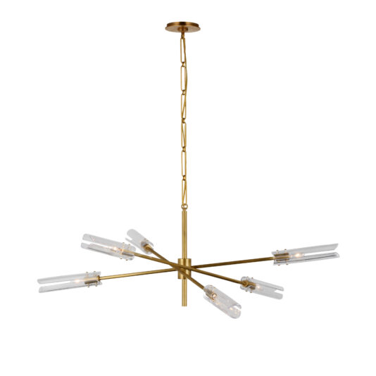 Mid-Century Modern Chandelier The Mid-Century Modern Chandelier features a gold metal frame with a central vertical rod. It has six horizontal arms extending outwards, each adorned with clear glass cylindrical light covers. The chandelier is suspended from a chain attached to a circular ceiling mount, embodying timeless elegance and design flair.