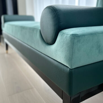 Mid-Century Style Bench Green contemporary designer bench with bolster cushion inset close up