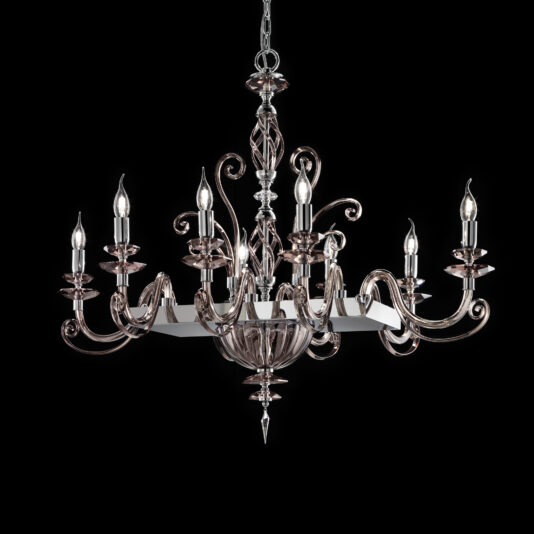 Introducing the Modern Rectangular Smoked Glass Chandelier: a luxurious and contemporary lighting fixture featuring eight elegantly designed arms, each holding a candle-like light bulb. Its intricate metalwork is paired with a reflective central structure, set against a solid black background. Delicate touches of smoked glass add to its sophisticated modern appeal.