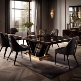 A modern, elegant dining room showcases an Exclusive Abstract Rectangular Designer Dining Table featuring gold accents. Surrounding the table are six black, upholstered chairs. Large windows emit natural light, highlighting a vase of green flowers and mirrored decor in the background.