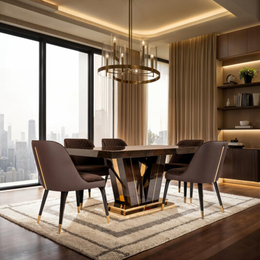 A modern dining room features the Exclusive Abstract Rectangular Designer Dining Set with a glossy geometric base and five gold-accented upholstered chairs. A circular chandelier hangs above, and a large window offers city skyline views, complemented by beige curtains and a rug.