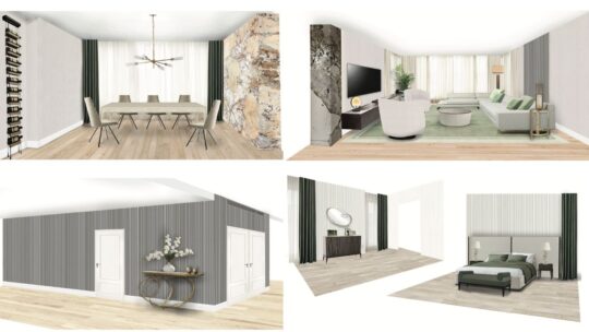 Montage of four 3d visualisations top left dining room, top right living room, bottom left hallway, bottom right master bedroom