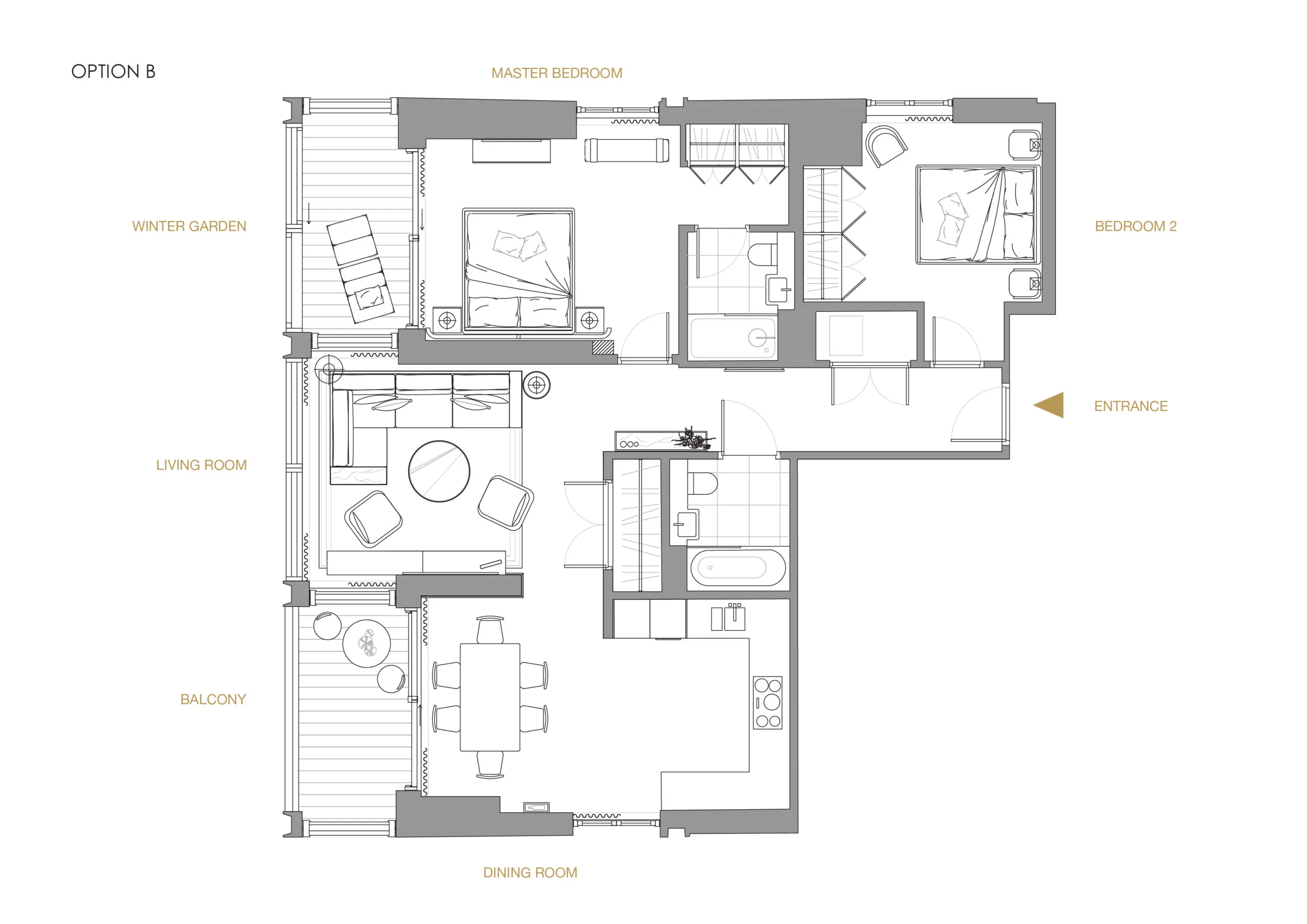 Floor plan detailed with each room in luxury apartment