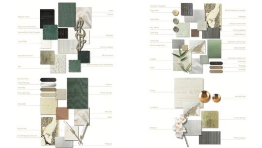 A mood board inspired by the elegance of a UK Property Award, featuring fabric swatches, wallpapers, and decorative items in green, beige, and gold tones. Includes leaves, flowers, round gold objects, and textures like marble and wood. Each item is neatly labeled.