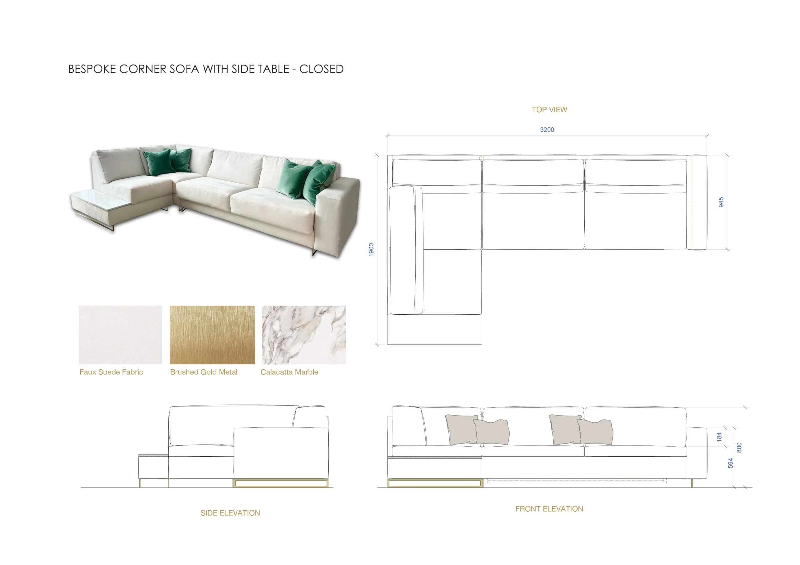 Bespoke luxury sofa with detailed specification drawings and images of finished product designed as part of the luxury interior design project for London Battersea apartment