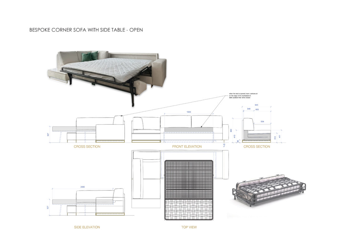 Bespoke luxury sofa with pull out bed showing plus detailed specification drawings and images of finished product designed as part of the luxury interior design project for London Battersea apartment