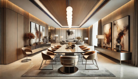Neutral styled luxury dining room, with abstract art on the walls, large central rectangular dining table with chairs surrounding it, leading to open plan living space