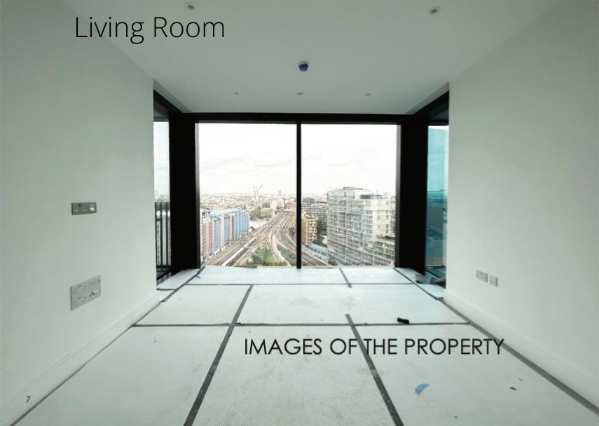 Modern living room with large windows offering a panoramic city view, featuring unfinished floors and white walls. This stylish space, reminiscent of a UK Property Award winner, has "Living Room" and "Images of the Property" elegantly inscribed on the image.