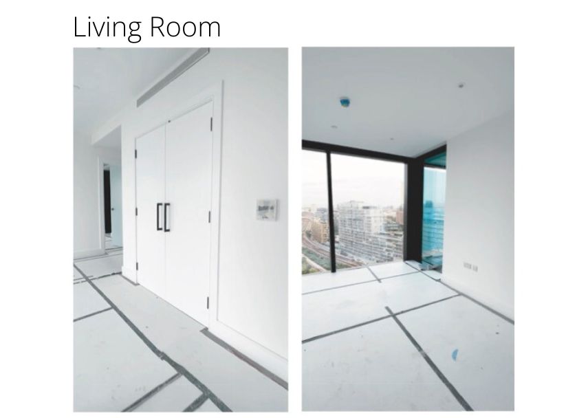 Split image of a modern, unfurnished living room. Left: white double doors with black handles. Right: large floor-to-ceiling window offering a city view, with light streaming in on white walls and floors—an aesthetic worthy of a UK Property Award.