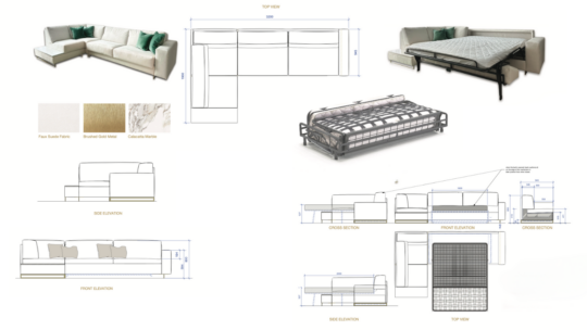 A furniture layout with a sectional sofa in faux suede fabric. It includes elevations, dimensions, and cross-sections. There is a pull-out bed shown in the open position, and fabric samples in green, gold, and marble are displayed.