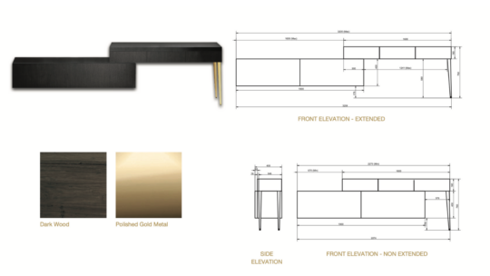 A modern console table design with side and front elevation views, reminiscent of styles seen in UK Property Award-winning homes. The table features dark wood and polished gold metal finishes, with dimensions indicated for extended and non-extended versions.