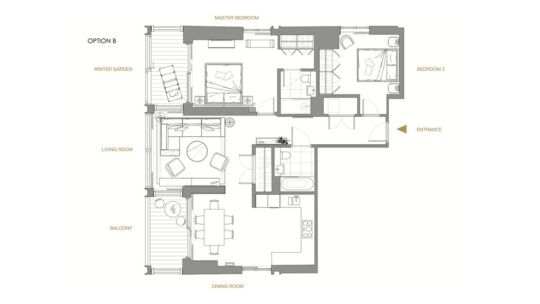 A floor plan labeled "Option B" features two bedrooms, a living room, dining area, winter garden, kitchen, balcony, bathroom, and entrance. The master bedroom includes an en-suite bathroom. This award-worthy design is reminiscent of a UK Property Award layout with illustrated furniture placement.