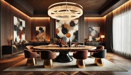 Deep rich styled dining room with oversized chandelier, statement seating, with bold brass bases, marble oval dining table, abstract art, with hues of green and brown and orange throughout.