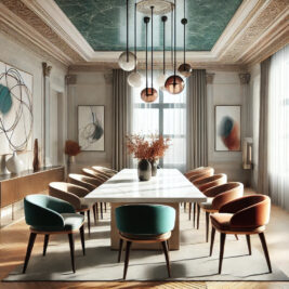 Luxurious dining room with a long marble table and colorful chairs, reflecting dining room design trends 2025. Elegant pendant lights hang from a decorative ceiling. Modern artwork and large windows with sheer curtains complete the sophisticated ambiance.