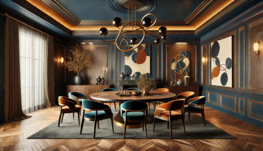 Dark styled luxury dining room with deep blue and gold accents, warm autumnal oranges, wood and brass round dining table with velvet chairs, herringbone wood floor and abstract art on the walls