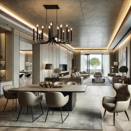 Open plan dining room and living room with mixed seating, zoning using furniture and rugs in a neutral grey palette